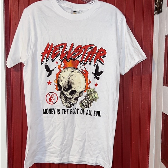 White Graphic T-Shirt for Men. Hellstar Money is The Root of All Evil S - Picture 2 of 5